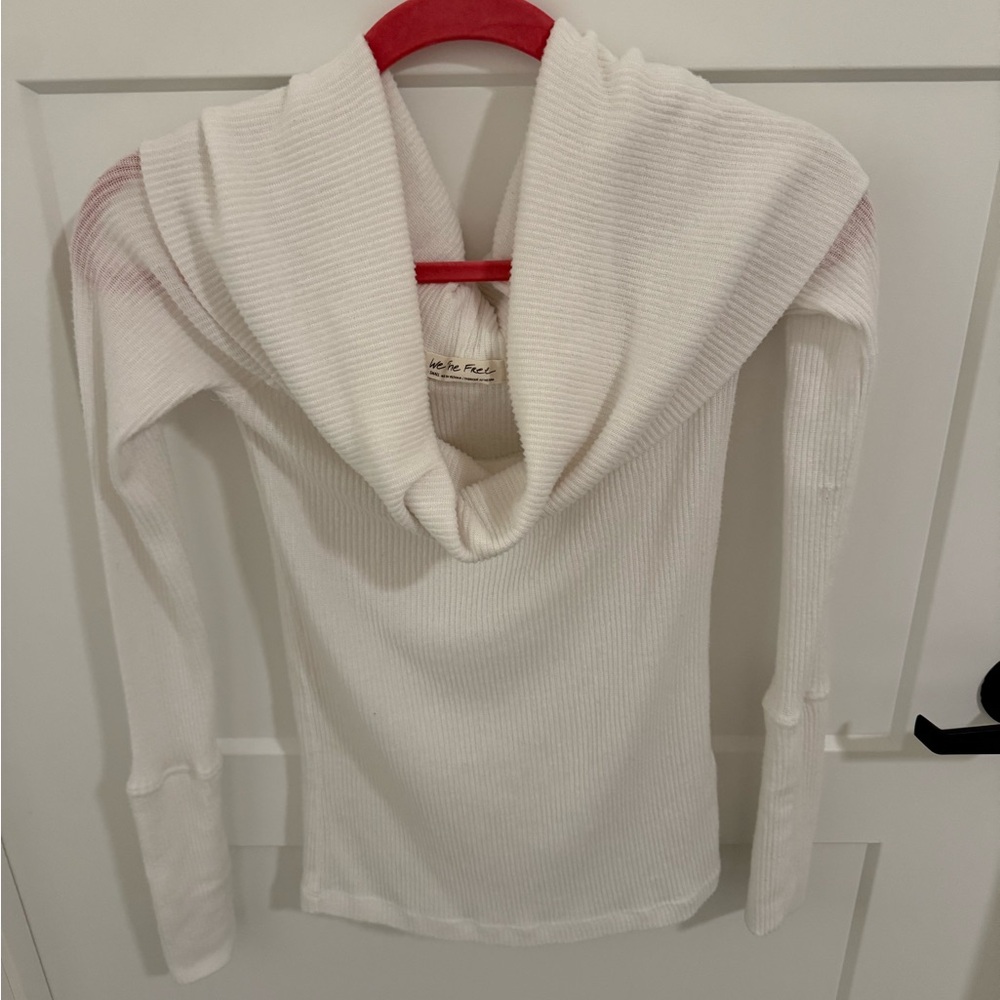 Free People We The Free Cream Ribbed Hooded Cowl Neck Top Small